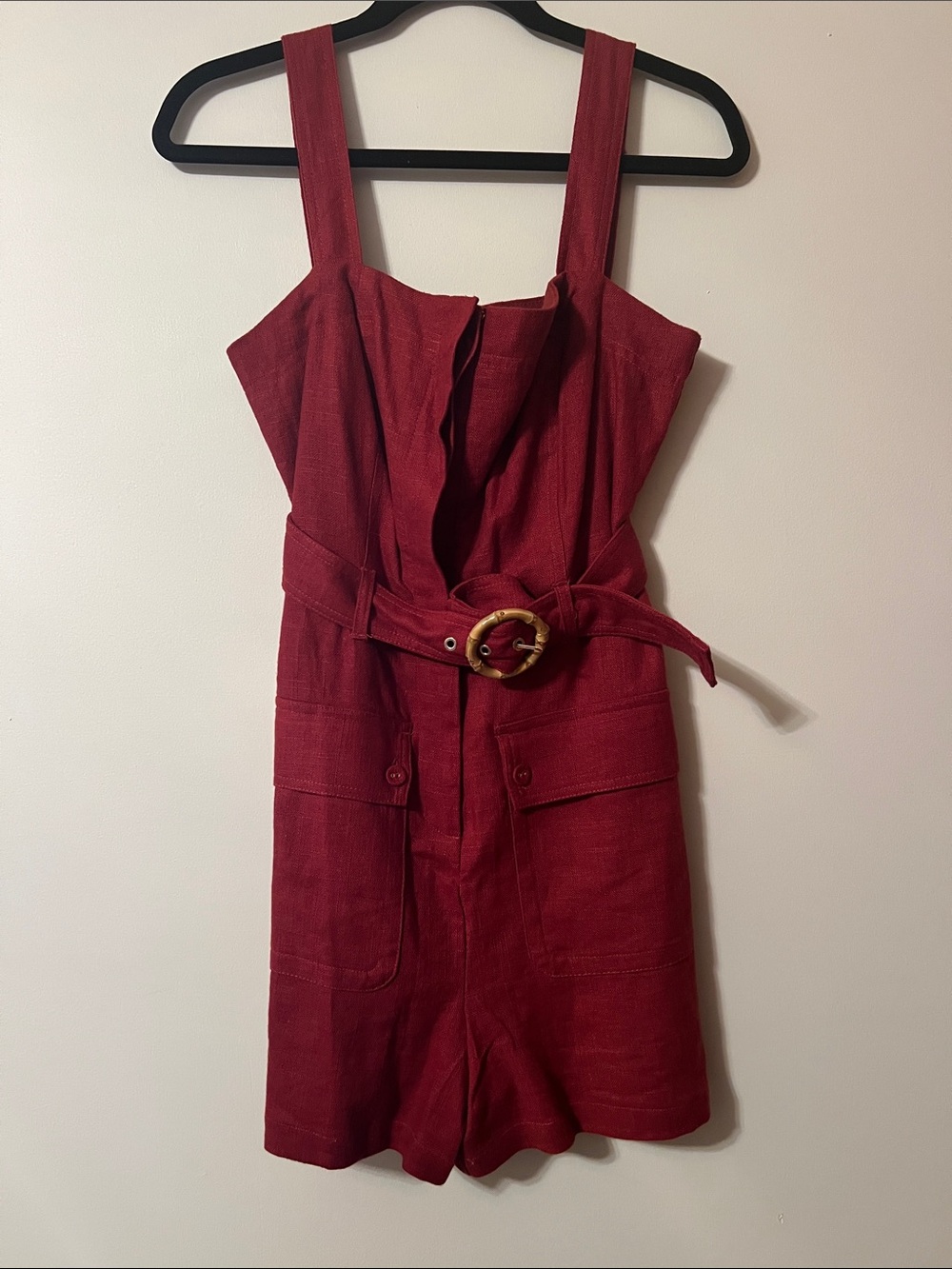 Sleeveless Red Belted Romper Jumpsuit with Front Pockets
